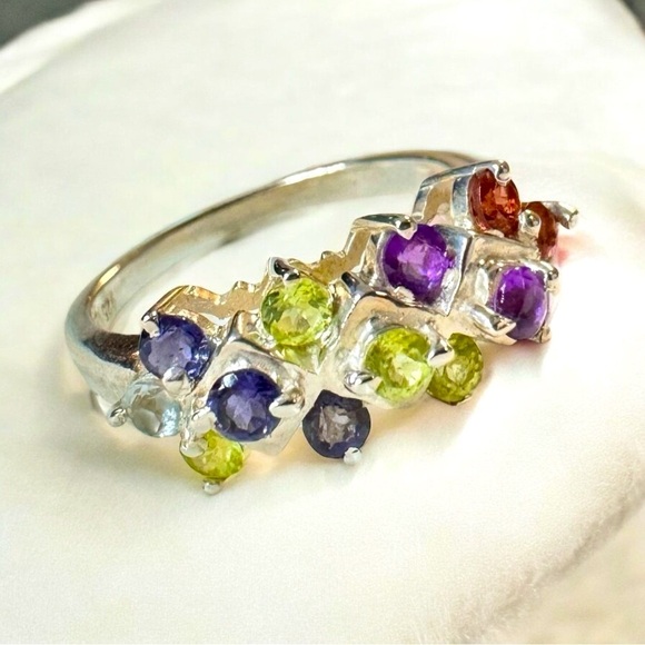 Tanzanite|Topaz|Peridot|Amethyst|Garnet Sterling Silver Cluster Ring - Picture 6 of 8
